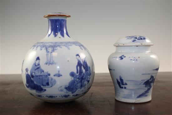 A Chinese blue and white huqqa base and a similar opium pipe base, Kangxi period, 12cm., rim chips
